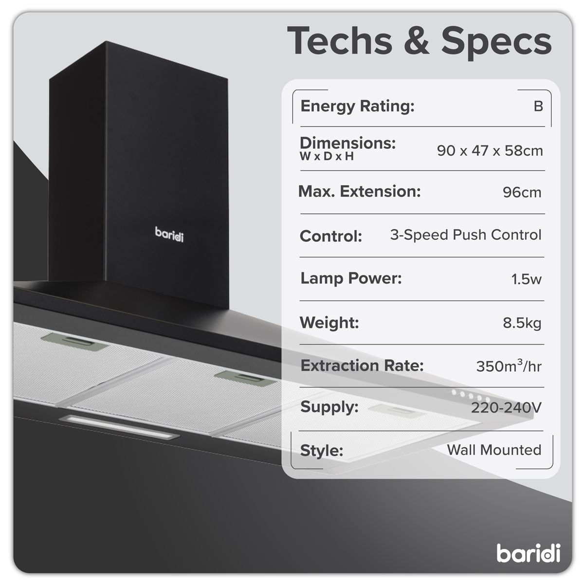 Baridi Cooker Hood, Chimney Style with Carbon Filters 90cm - Black DH59