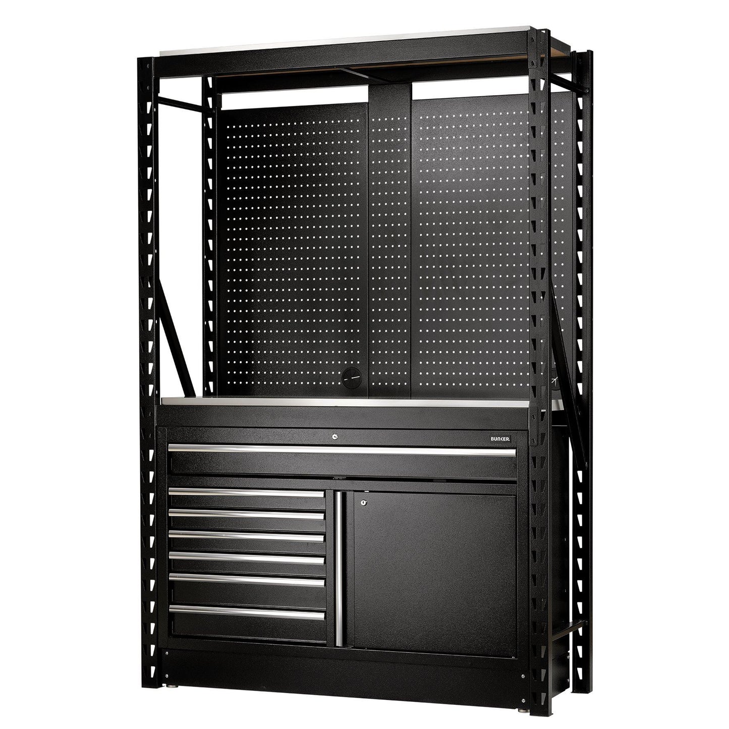Draper BUNKER 14 Piece Modular Storage Combo 2 Tier Racking with Stainless Steel Shelving, Pegboards and Floor Cabinet, 1500mm