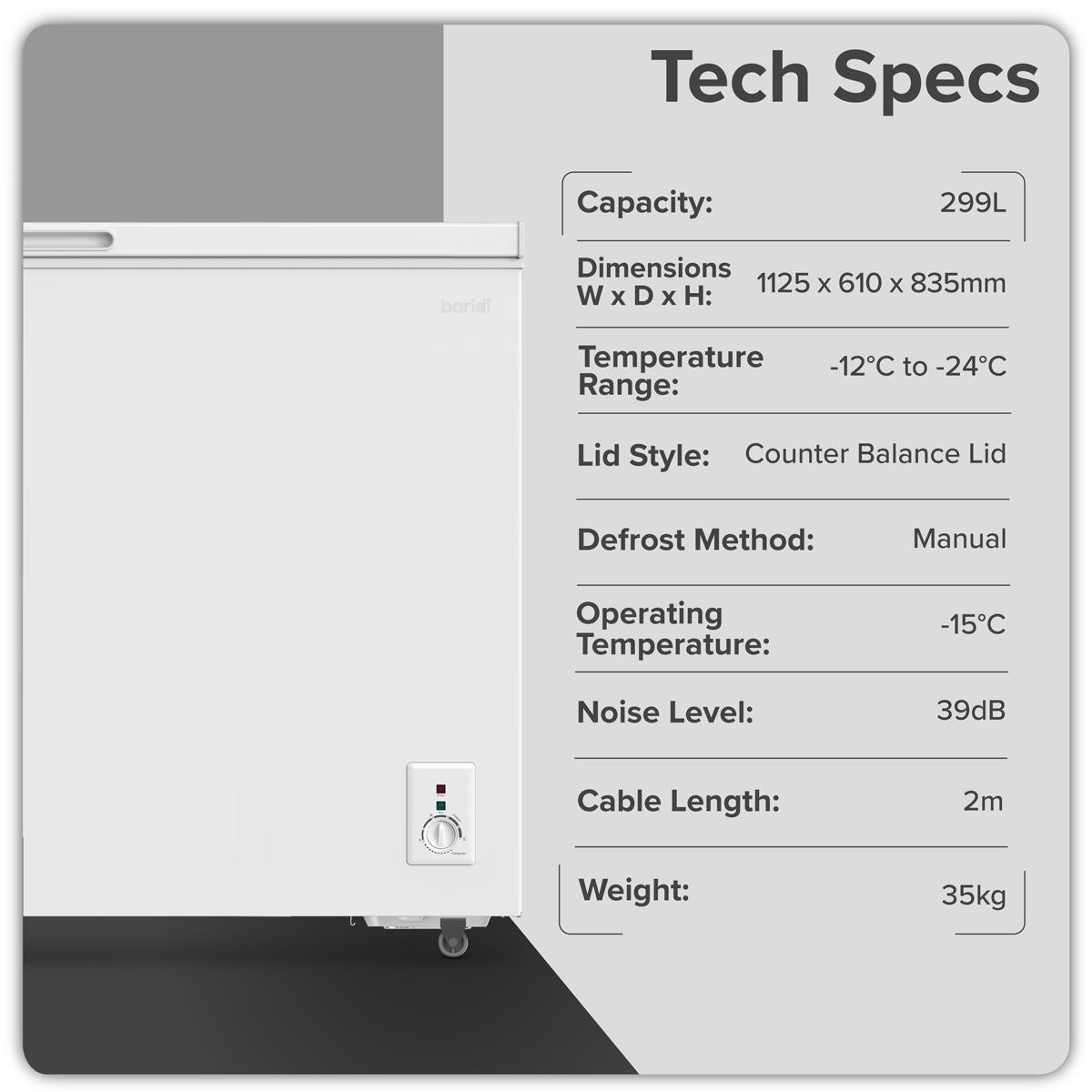 Baridi Freestanding Chest Freezer 299L Capacity - White DH260