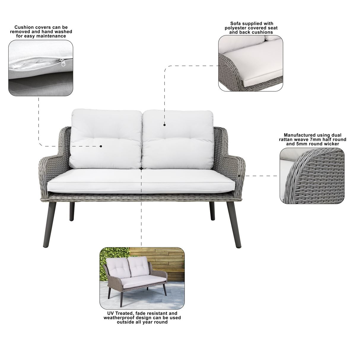 Sealey Dellonda Buxton Rattan Wicker Outdoor Lounge 2-Seater Sofa with Cushion, Grey DG80