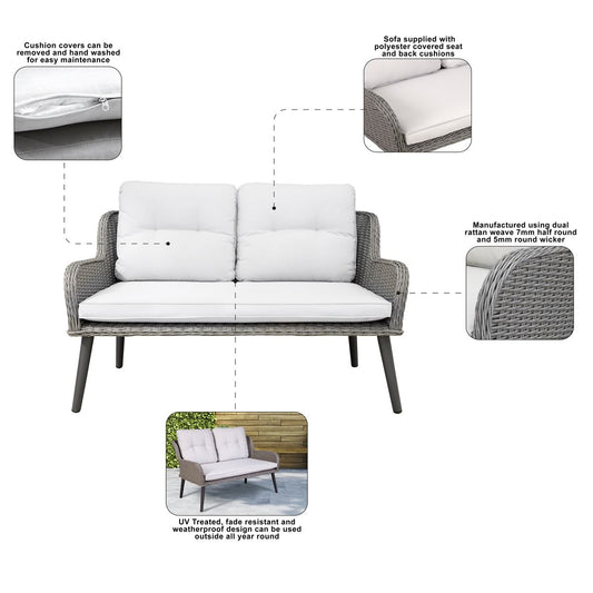 Sealey Dellonda Buxton Rattan Wicker Outdoor Lounge 2-Seater Sofa with Cushion, Grey DG80