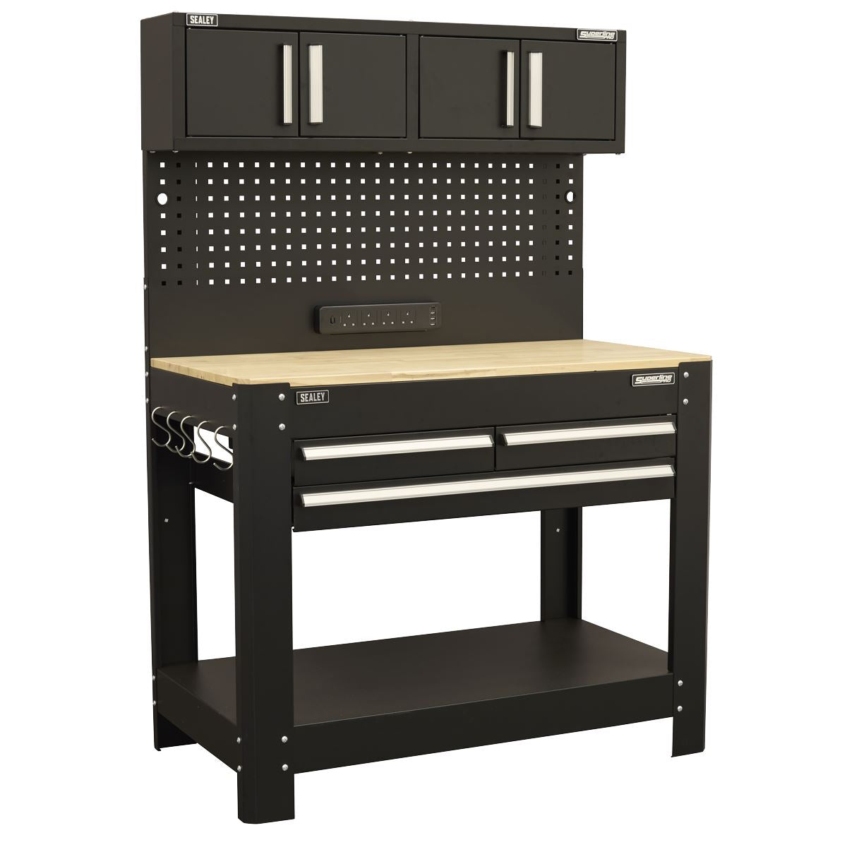 Sealey Superline Pro Workbench w/ Pegboard Back Panel, Power Bar, Wooden Worktop