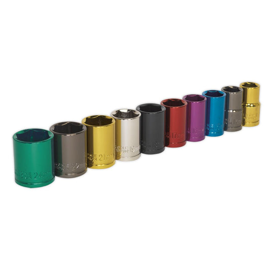 Sealey Multi-Colour Socket Set 10pc 1/2"Sq Dr 6pt WallDrive Metric AK288