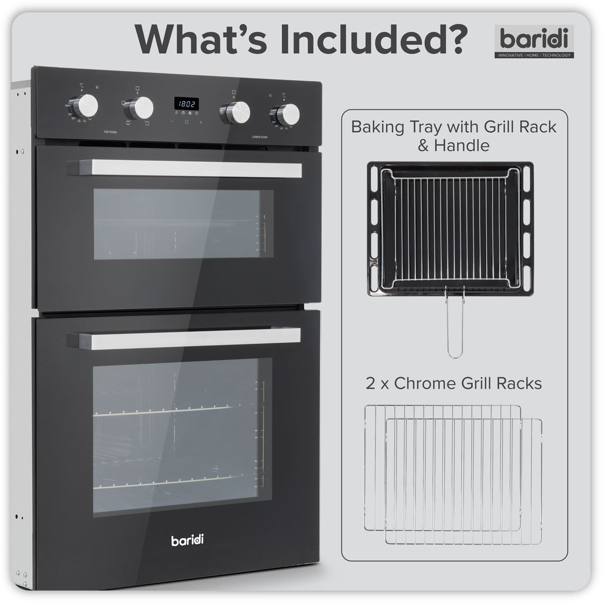 Baridi 90cm Built-In Double Oven, 88L Capacity, Energy Rating A - Black DH279