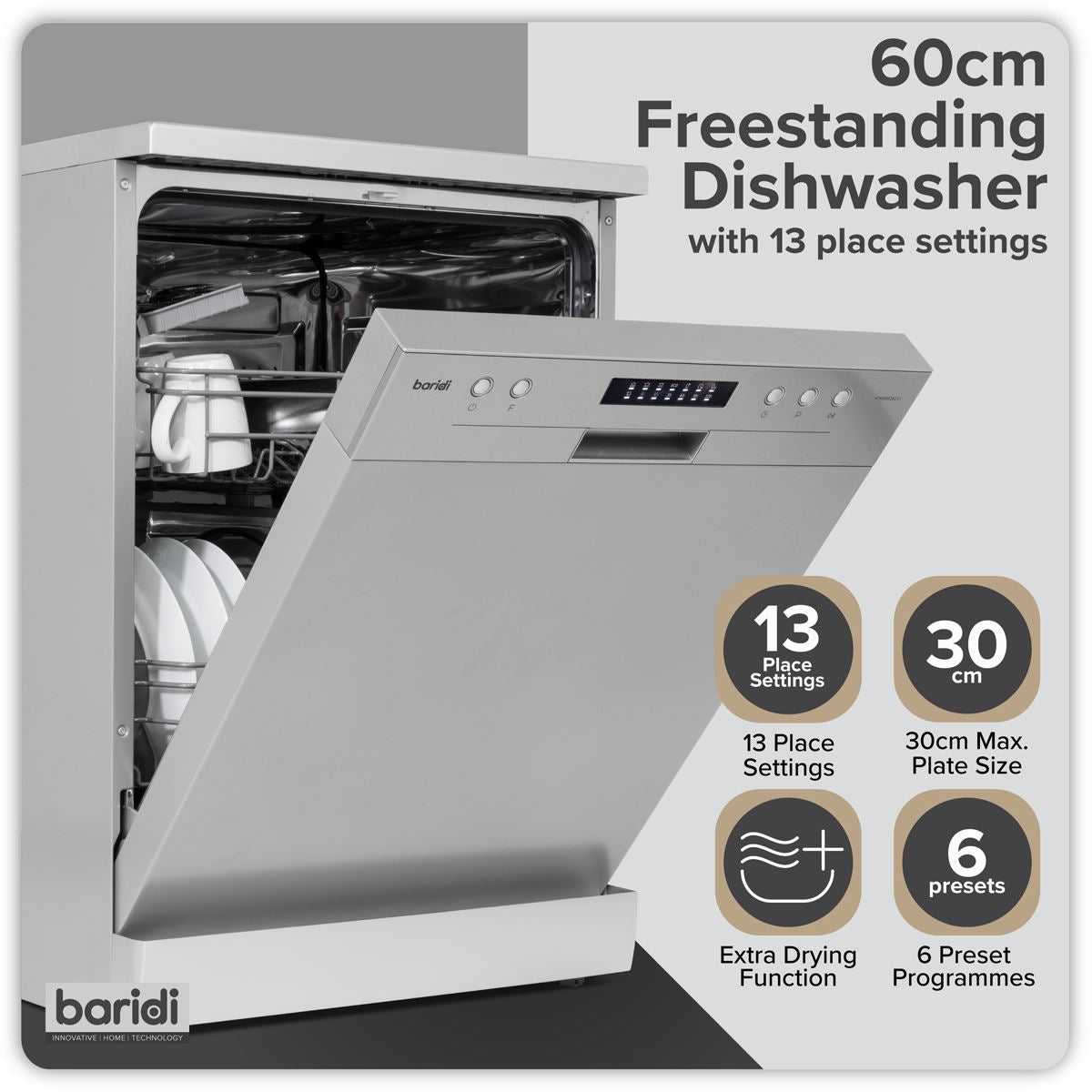 Baridi Freestanding Dishwasher 60cm Wide 13 Place Settings - Silver DH280