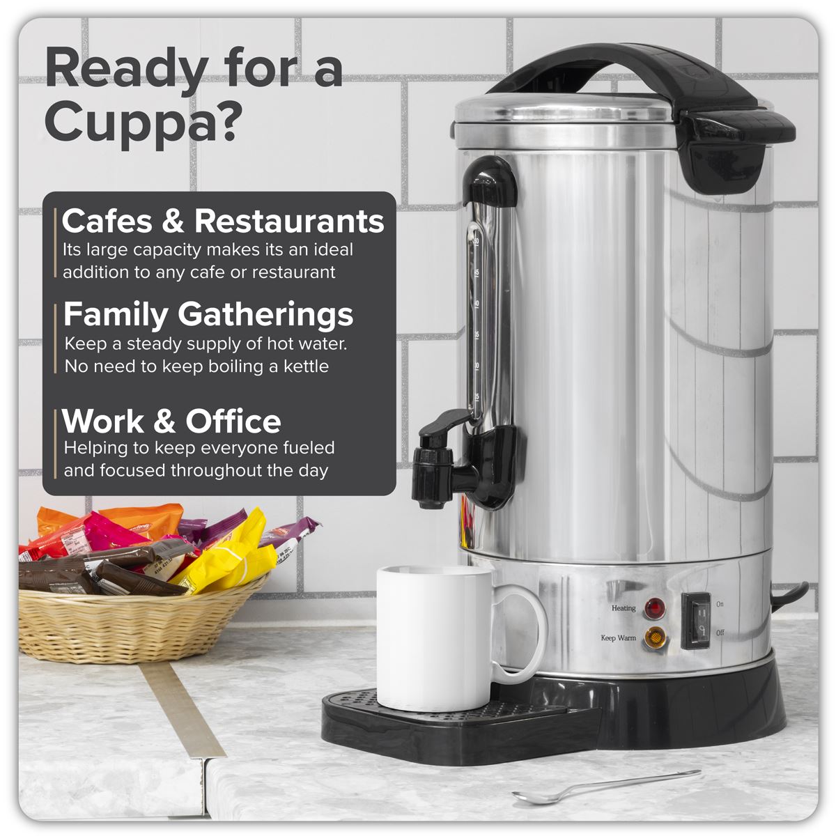 Baridi Hot Water Boiler/Tea Urn 10L Capacity, Stainless Steel DH269