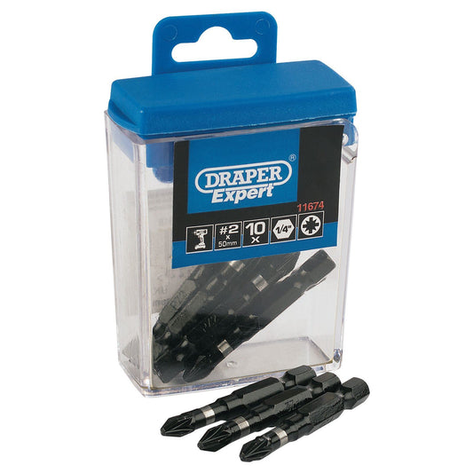 Draper Expert 10 Piece PZ2 50mm Length IMPACT Rated 1/4" Screwdriver Bit, 11674
