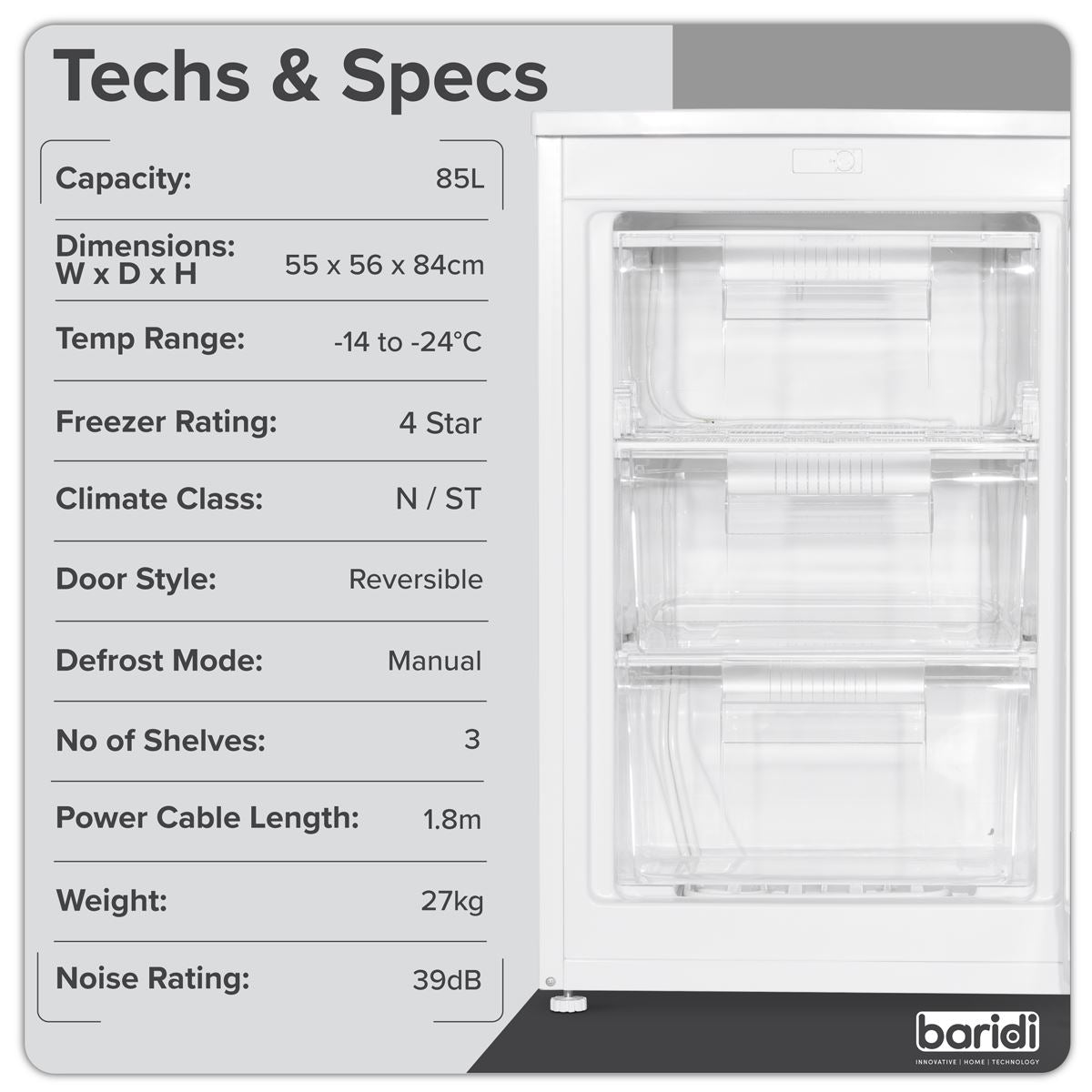Baridi 55cm Undercounter Freezer with Adjustable Thermostat 85L - White DH250