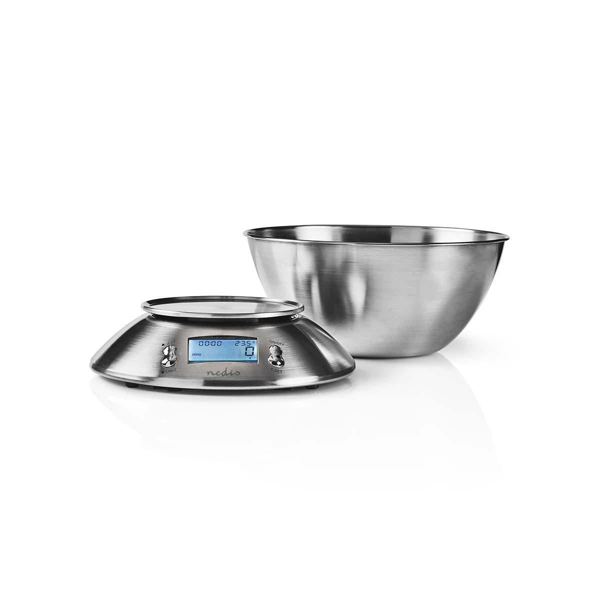 Nedis Digital Kitchen Scales Illuminated LCD Temperature Alarm Clock Metal - KASC111SI