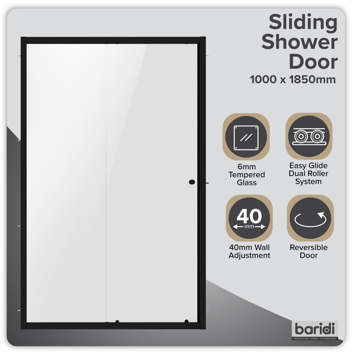 Baridi Sliding Shower Door 1000 x 1850mm, 6mm Tempered Glass, Reversible - Black