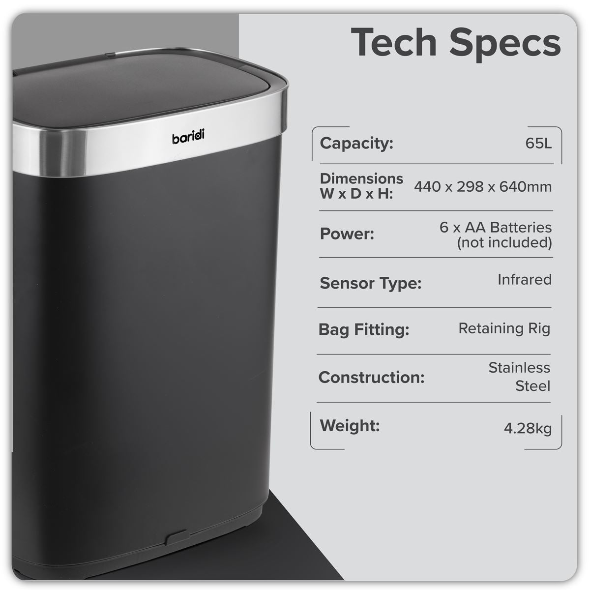 Baridi Sensor Bin 65L - Black/Stainless Steel DH282
