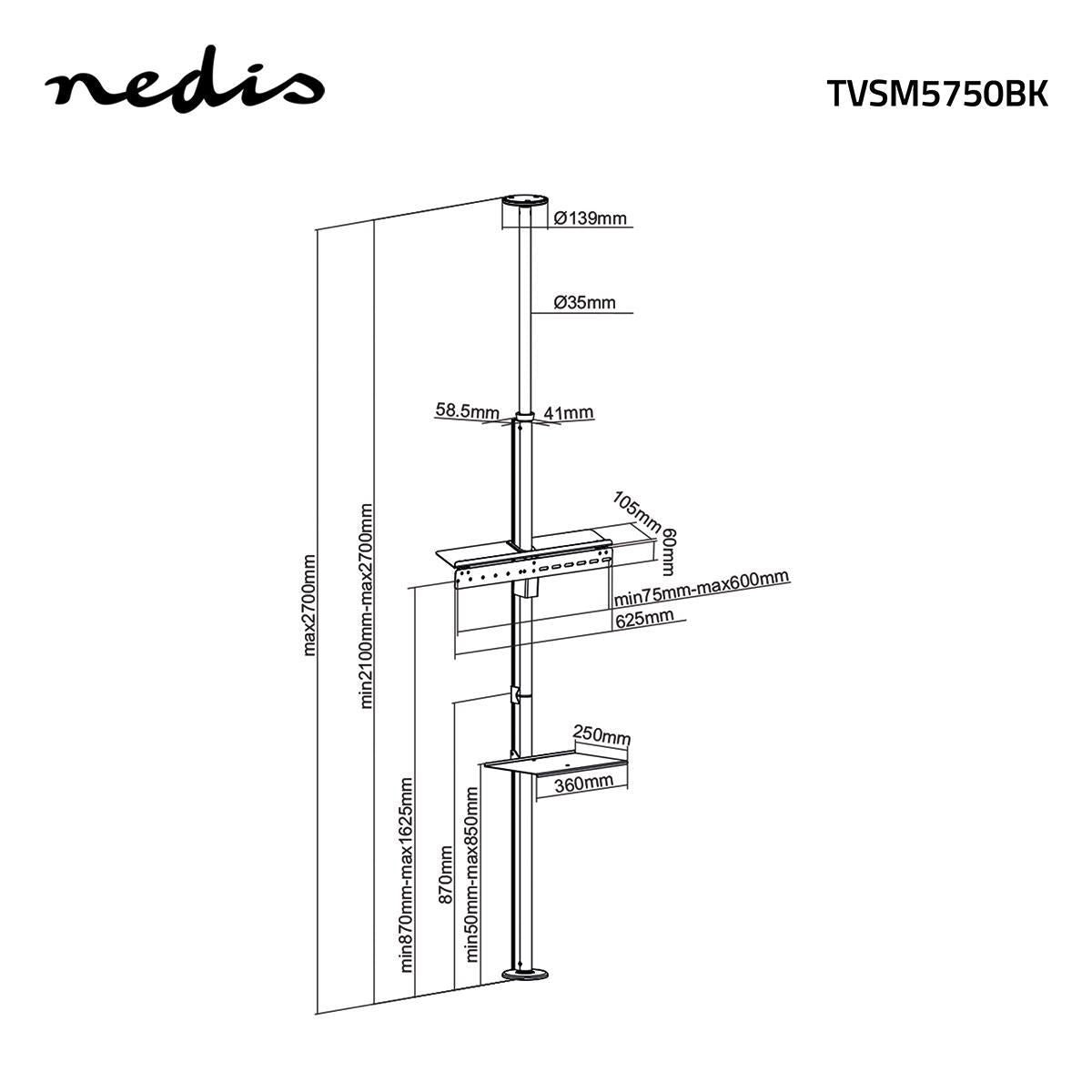 TV Mount Floor to Ceiling 37 to 70" Max. 30 kg 180° Swivel Max Height 270 cm - TVSM5750BK