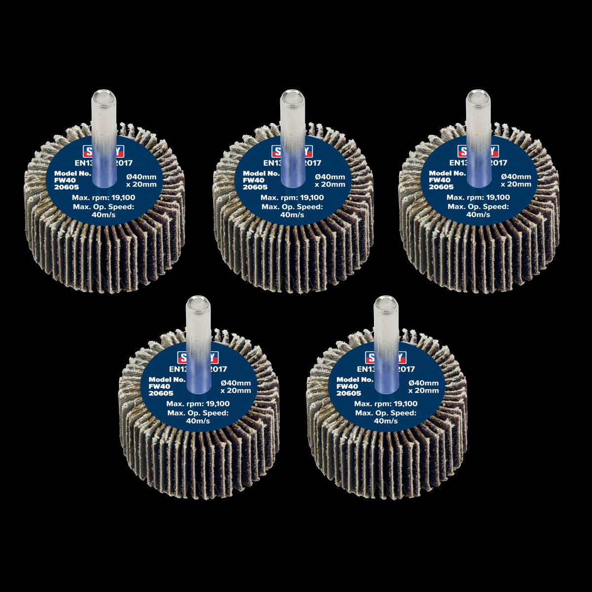 Sealey Flap Wheel 40 x 20mm 60Grit 6mm Shaft - Pack of 5 FW4020605