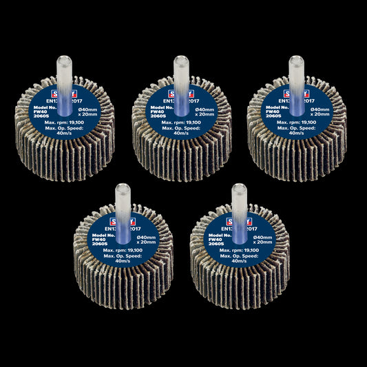 Sealey Flap Wheel 40 x 20mm 60Grit 6mm Shaft - Pack of 5 FW4020605
