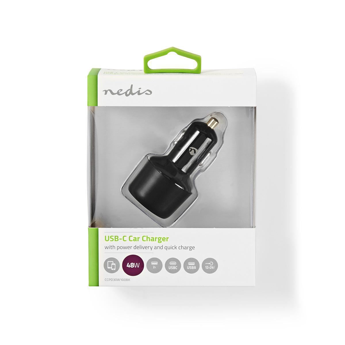 Nedis Car Charger 3.0A USB (QC 3.0)/USB-C Power Delivery 30W Black CCPD30W100BK
