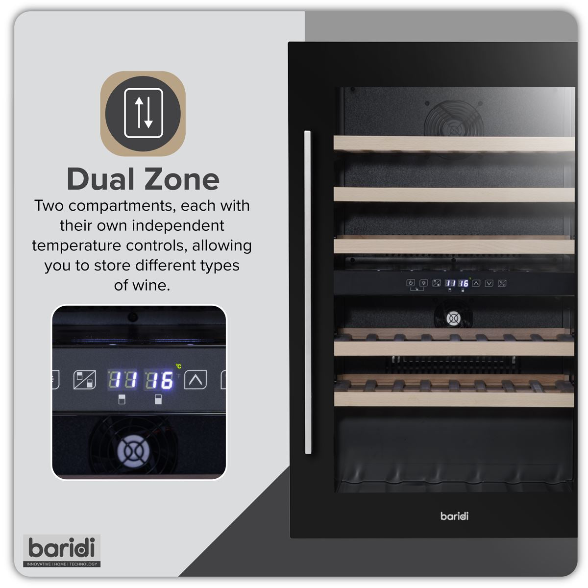 Baridi 57 Bottle Dual Zone Wine Fridge & Cooler 60cm DH118
