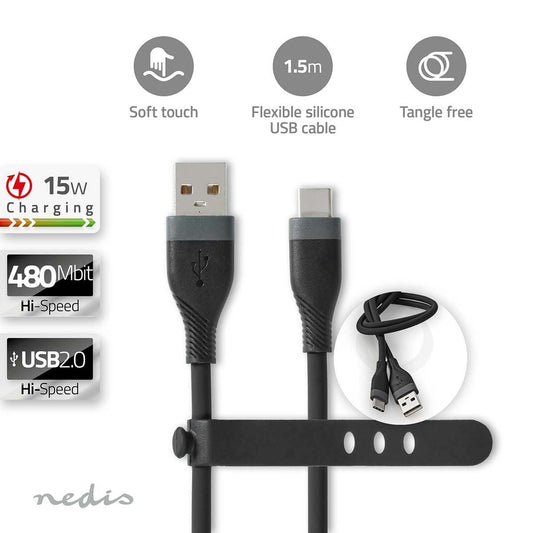 USB Cable USB 2.0 USB-A Male USB-C Male 15W 480Mbps Nickel Plated 1.5m Silicone