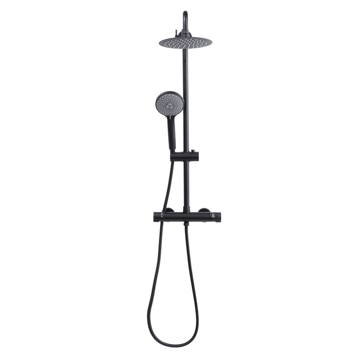 Baridi Thermostatic Shower Mixer Set, 20cm Round Head, Adjustable Rail - Black