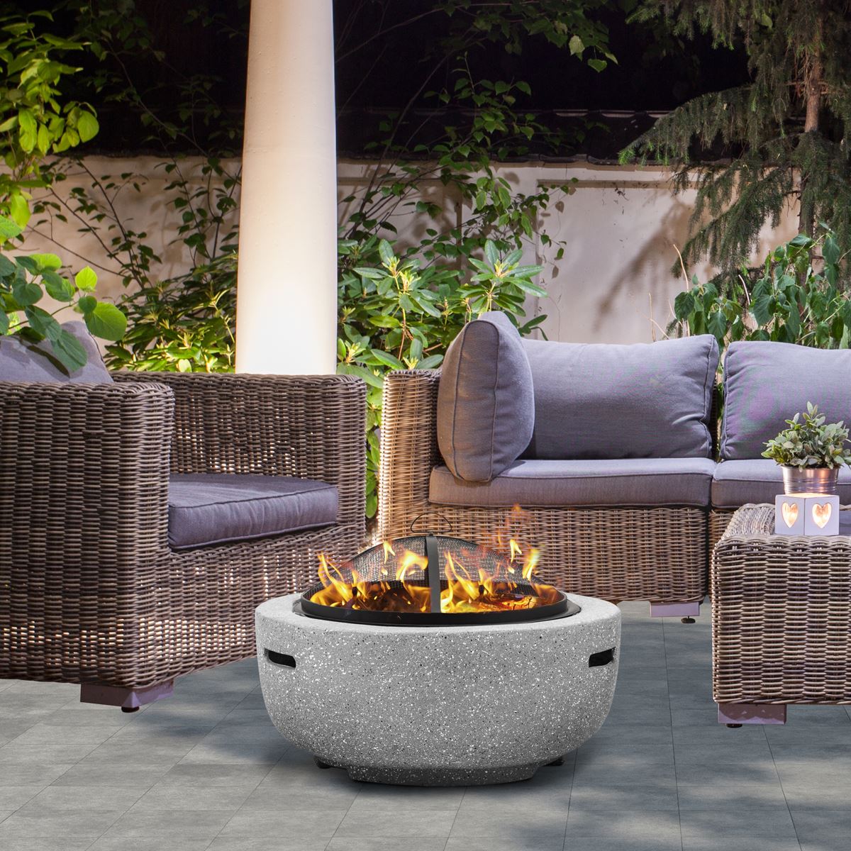Dellonda Round MgO Fire Pit with BBQ Grill, 60cm, Safety Mesh Screen Light Grey