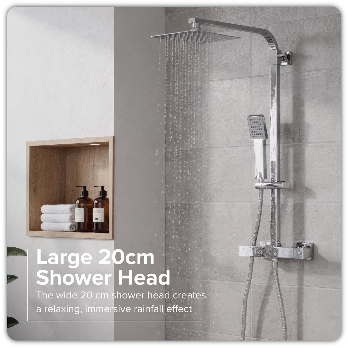 Baridi Thermostatic Shower Mixer Set, 20x20cm Square Head, Adjustable Rail - Chrome DH316