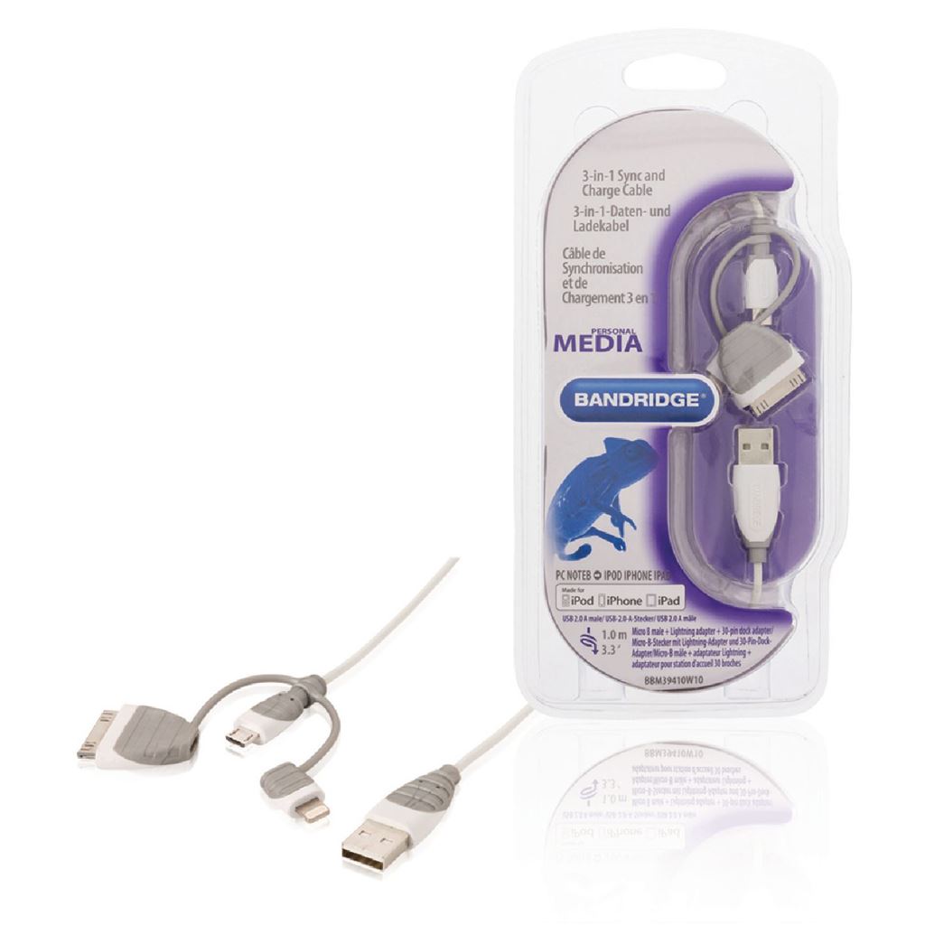 Bandridge 3-in-1 sync and charge cable USB 2A male to Micro B male with attached Lightning adapter + 30-pin dock adapter 1m white - BBM39410W10