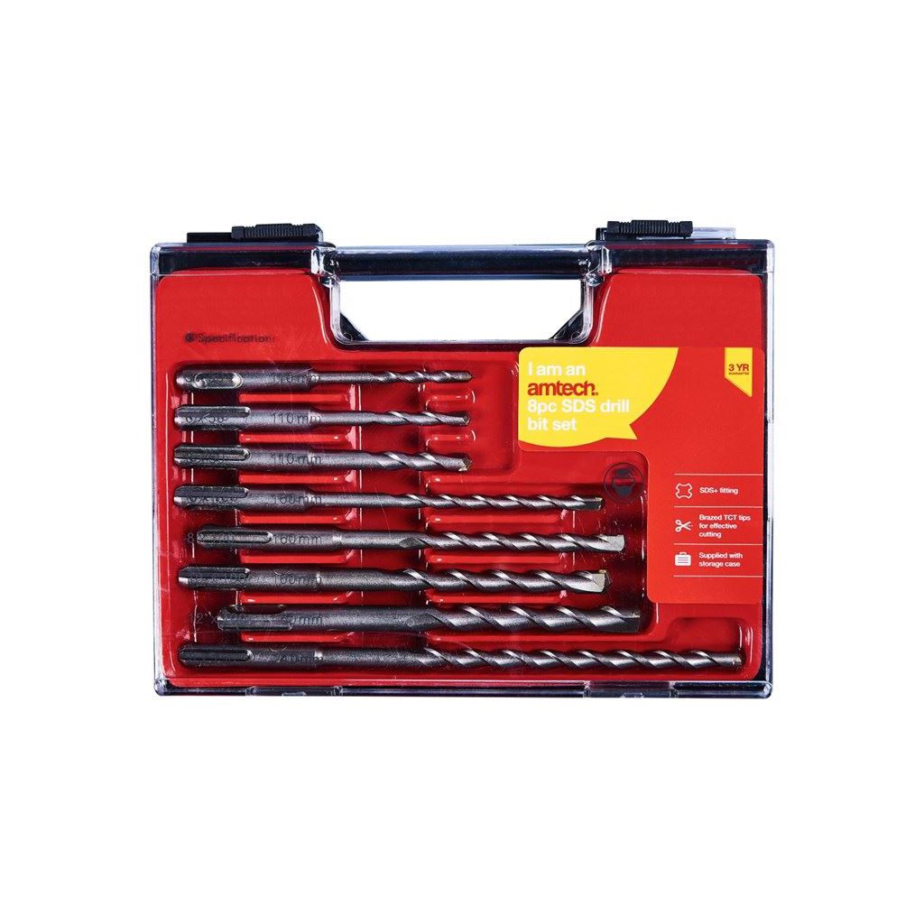Amtech 8 Piece Sds Masonry Drill Bit Set Storage Case Professional Fits Sds Plus - F0925