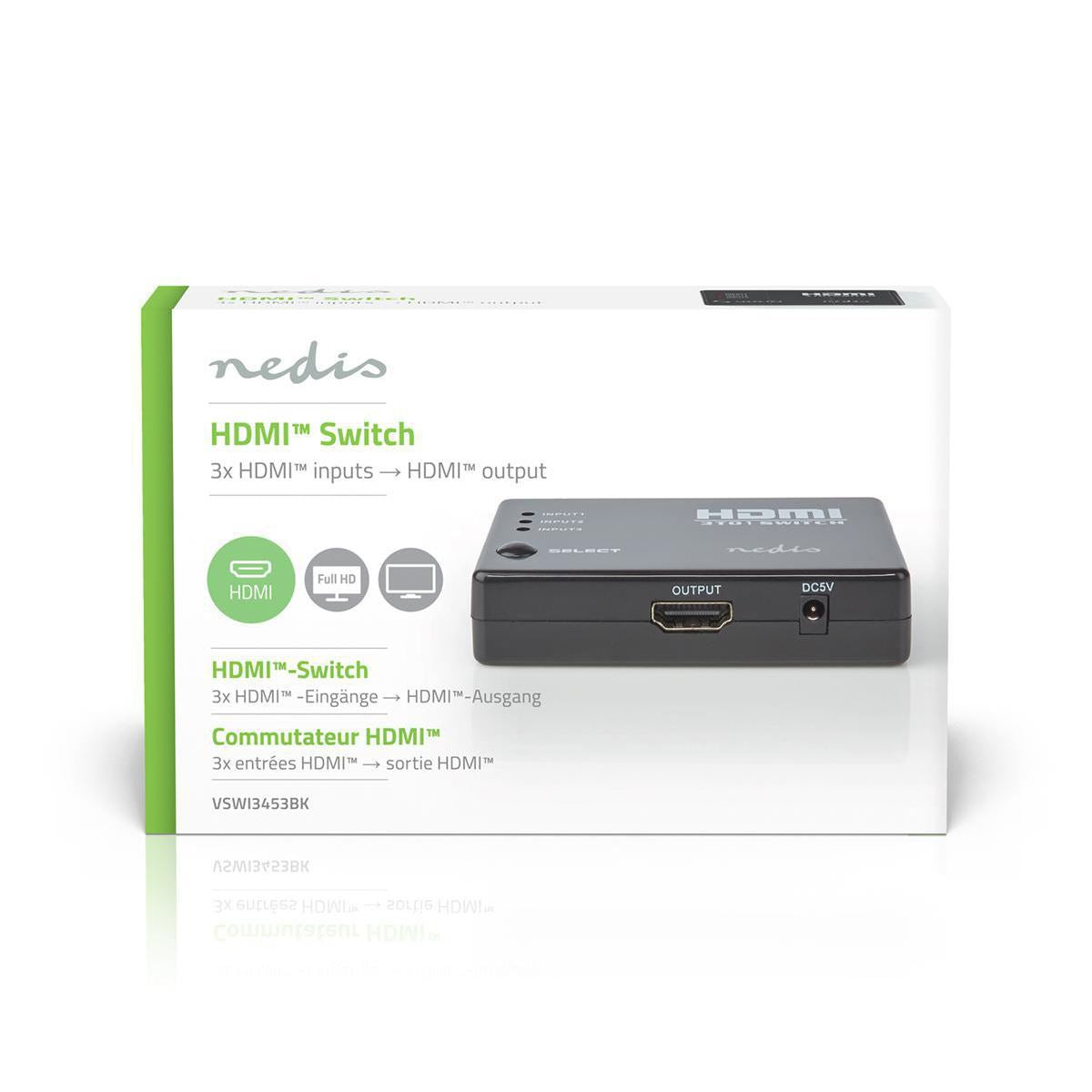 Nedis HDMI Switch 3-Port 4x HDMI Output 1x HDMI Output 1080p 3.4 Gbps Black - VSWI3453BK