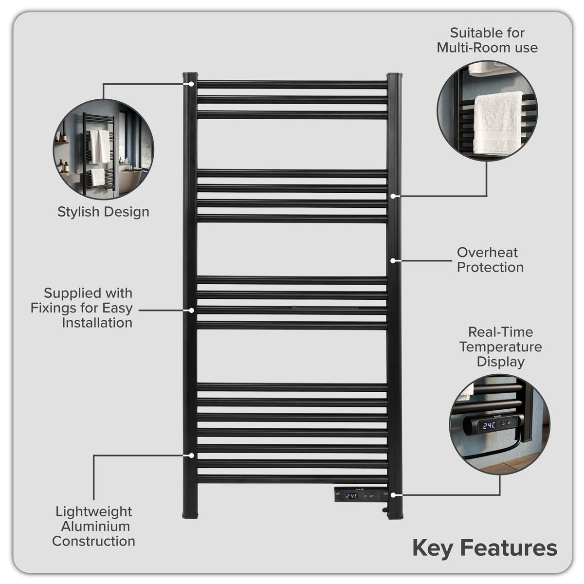 Baridi Electric Heated Towel Rail 1085 x 535mm with LED Display � Black DH371