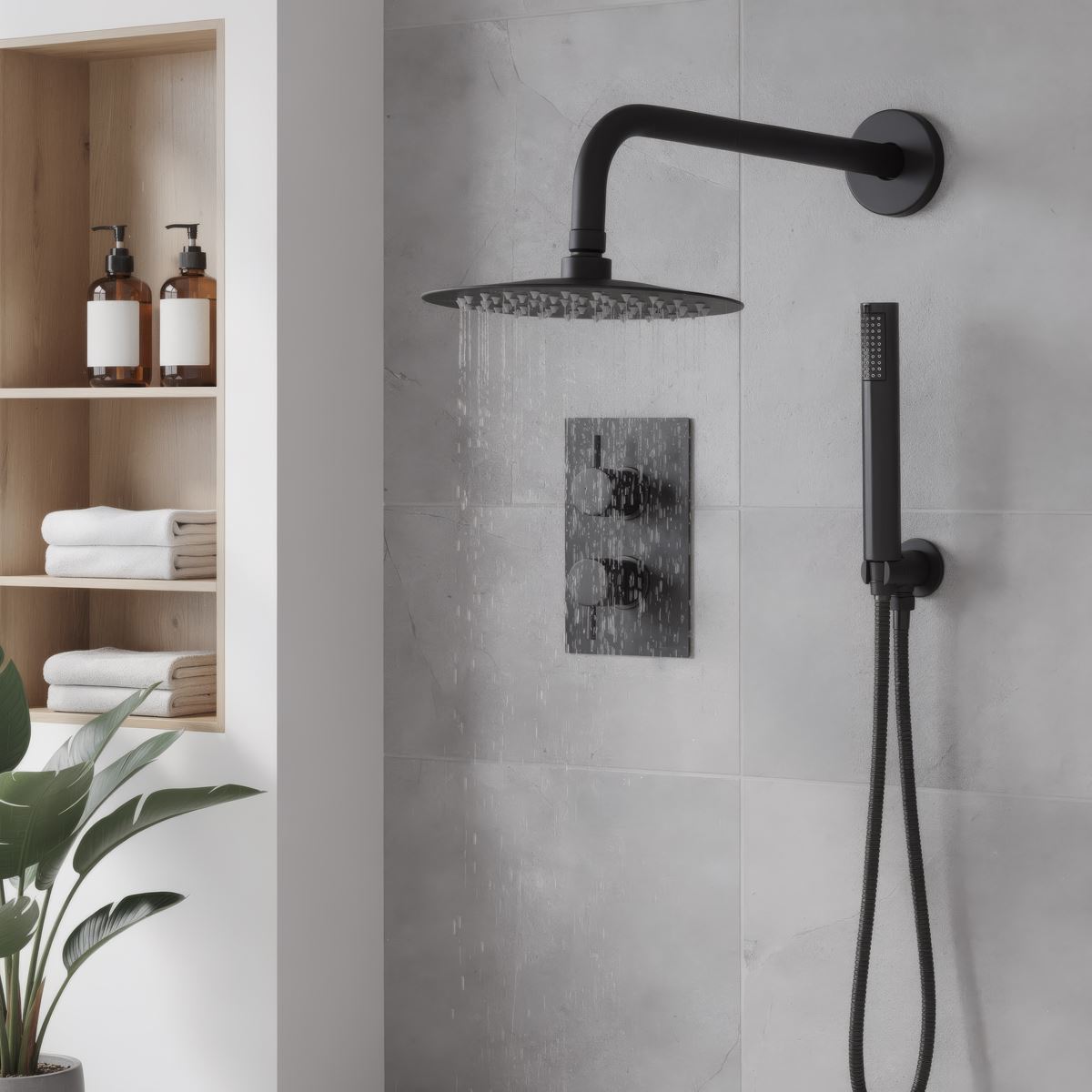Baridi Concealed Thermostatic Shower Set, 20cm Round Head & Hand Shower - Black