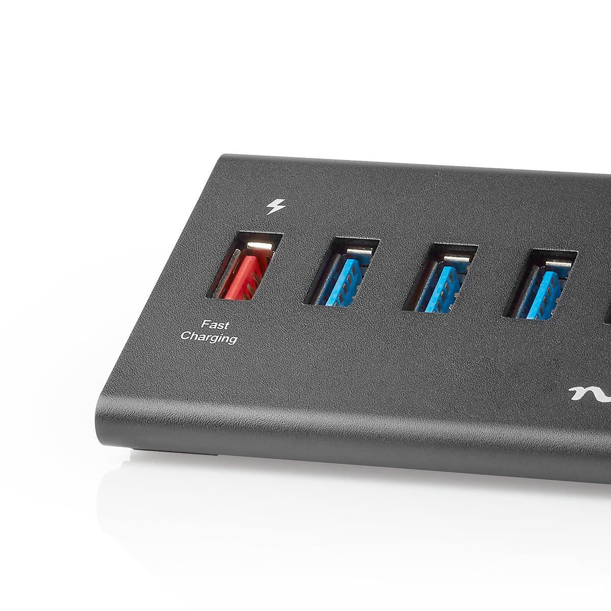 Nedis USB Hub 5-Port USB 3.0 Powered QC3.0 Charge Port 5 Gbps Aluminium - UHUBUP3510BK