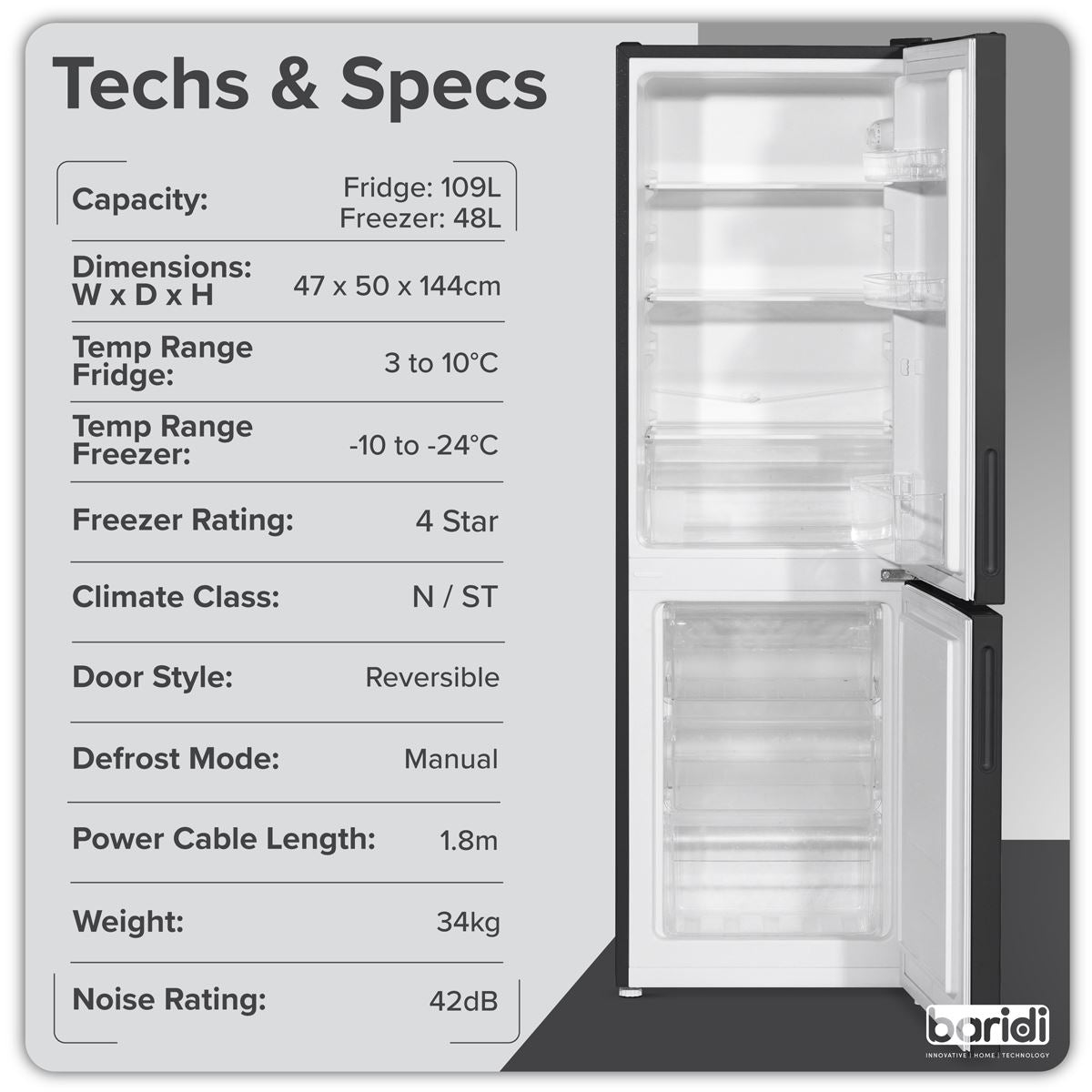 Baridi 47cm 70/30 Fridge Freezer, 157L Capacity Low Frost DH253