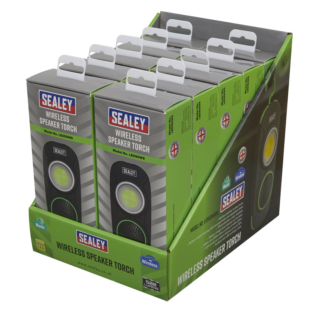 Sealey R/Charge Torch Wireless Speaker 10W COB LED-Disp. Box of 10 LED50WSDB