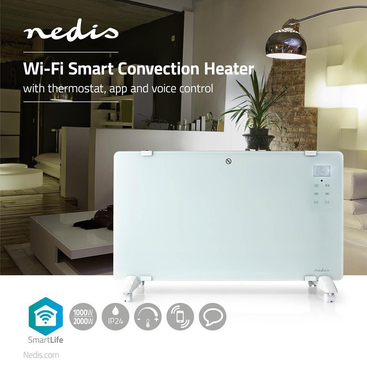 Nedis Wi-Fi Smart Convection Heater Thermostat Glass Front Panel 2000W White - WIFIHTPL20FWT