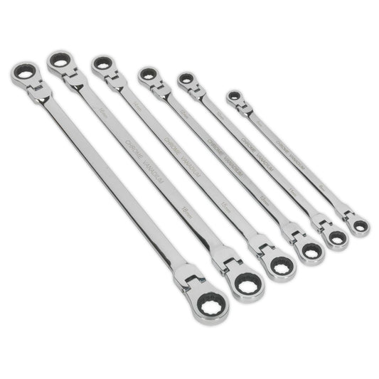Sealey Flexi-Head Dble End Ratchet Ring Spanner Set 6pc Ex-Long MM AK63832