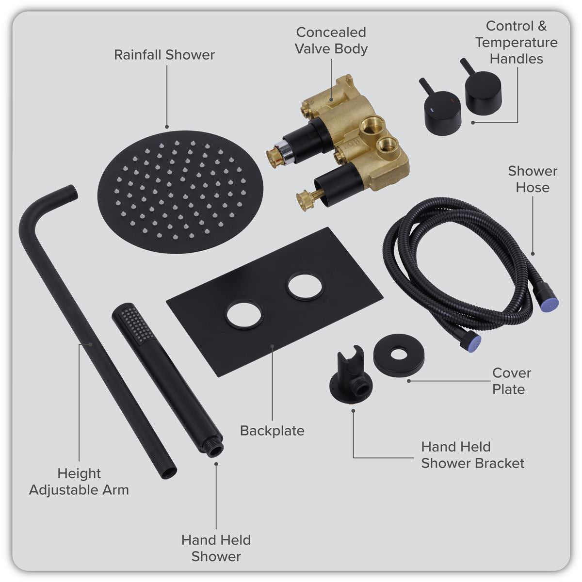 Baridi Concealed Thermostatic Shower Set, 20cm Round Head & Hand Shower - Black