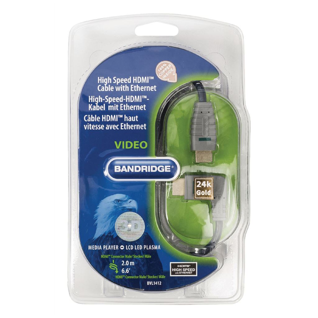 Bandridge High Speed HDMI Cable with Ethernet HDMI Connector to HDMI Connector (right-angled) 2m blue