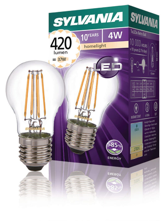 (Disc) Sylvania Ball 420LM 827 Filament led lamp E27 4W SYL-0027248 Tracked IE1.P.100 stocked