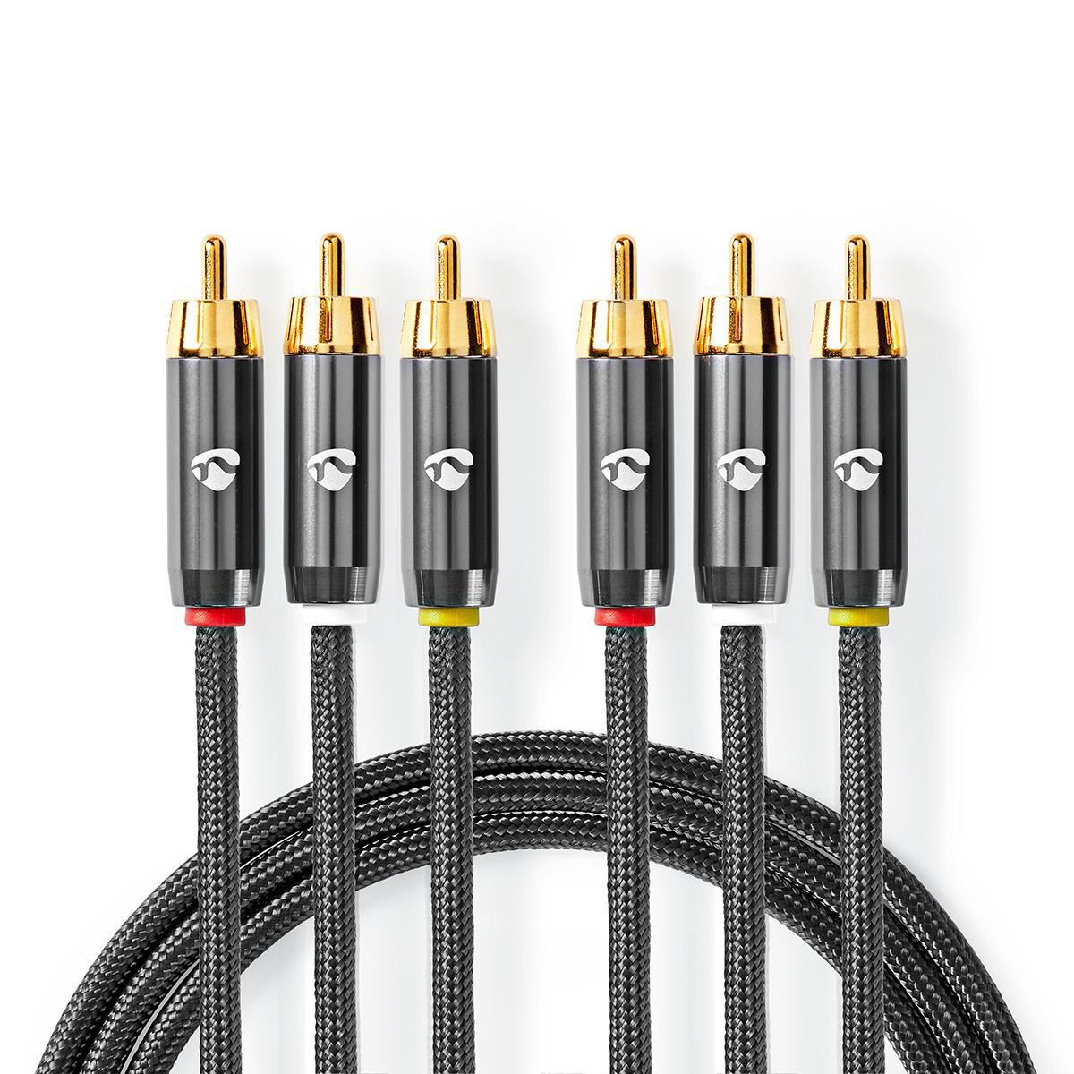 Composite Video Cable 3x RCA Male to 3x RCA Male Gun Metal Grey Braided Cable - CVTB24300GY20