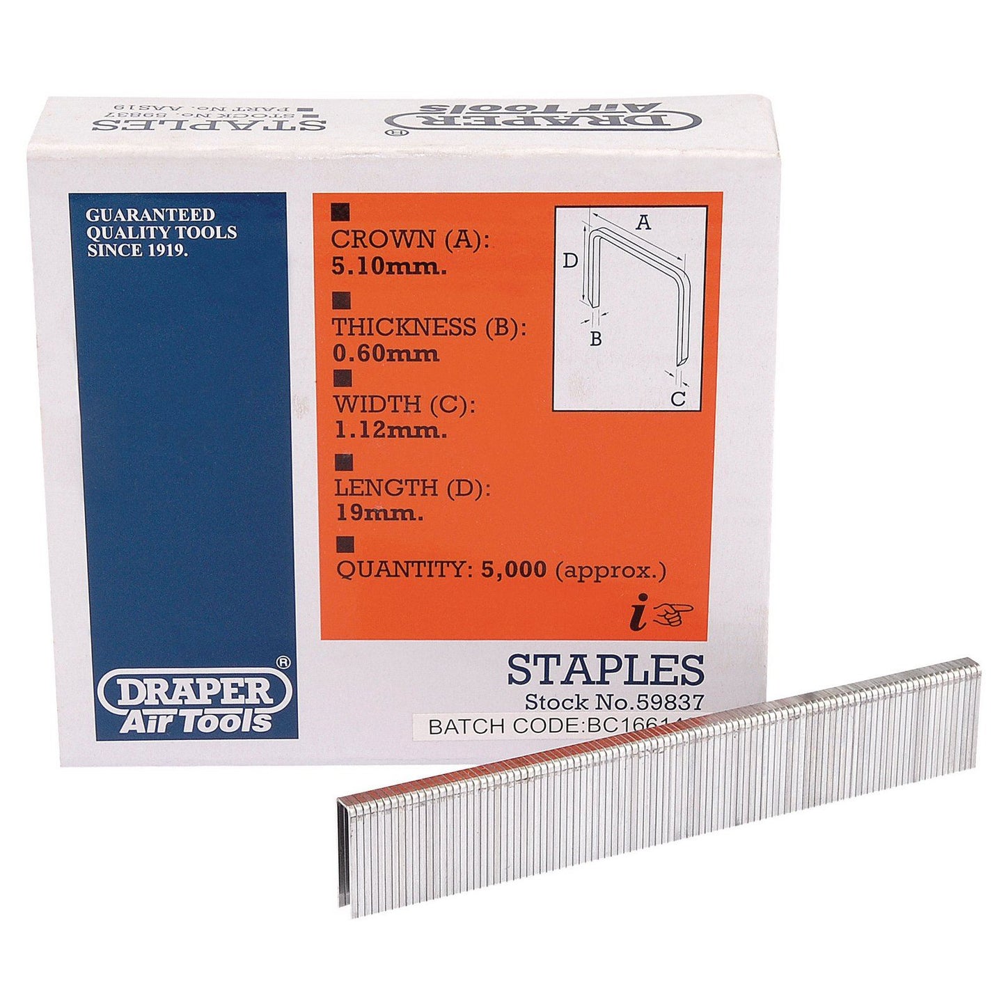 Draper 5000x 19mm Staple Garage Equipment Professional Standard Tool 59837