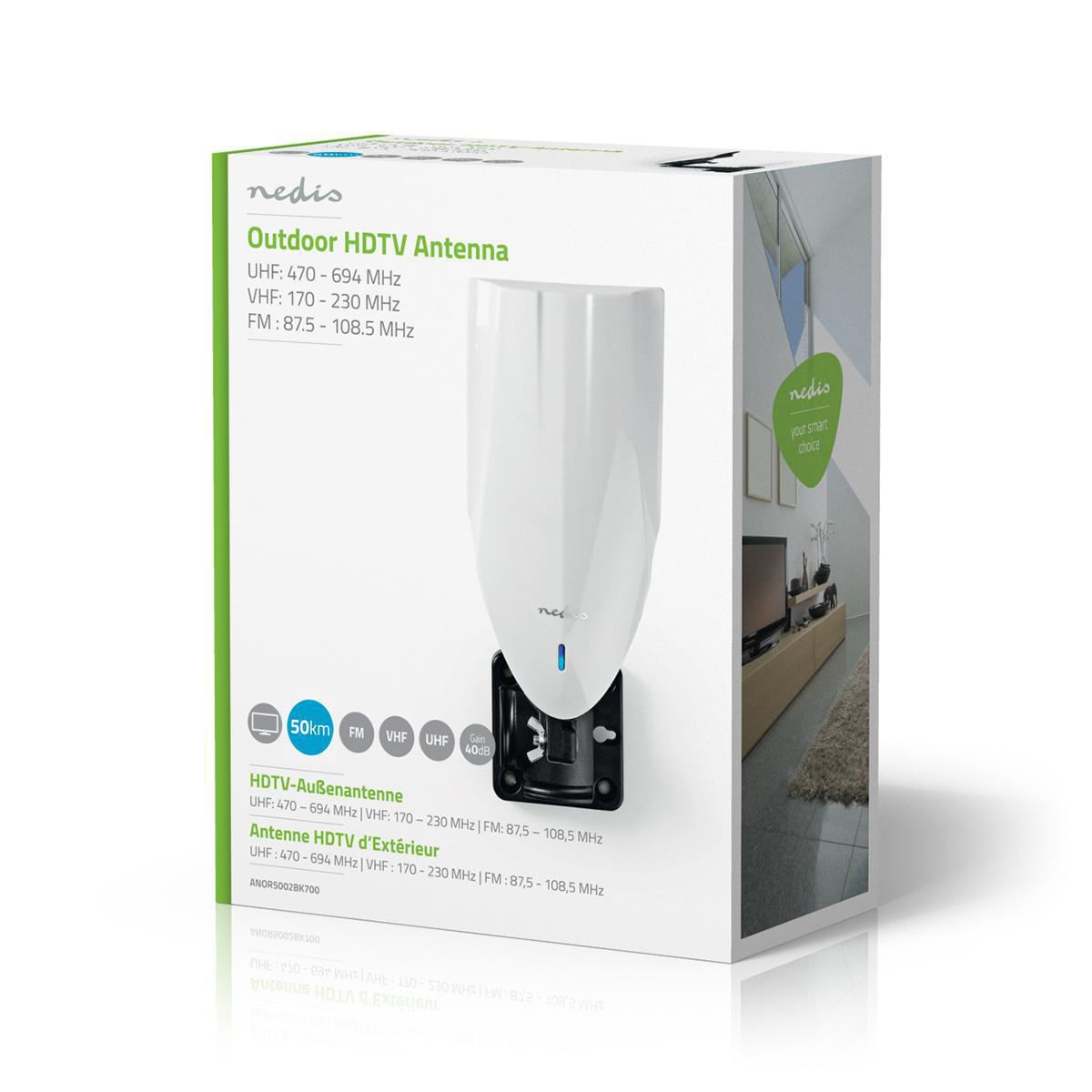 Nedis Outdoor HDTV Antenna 0 to 50 km Gain 40dB FM/VHF/UHF White - ANOR5002BK700