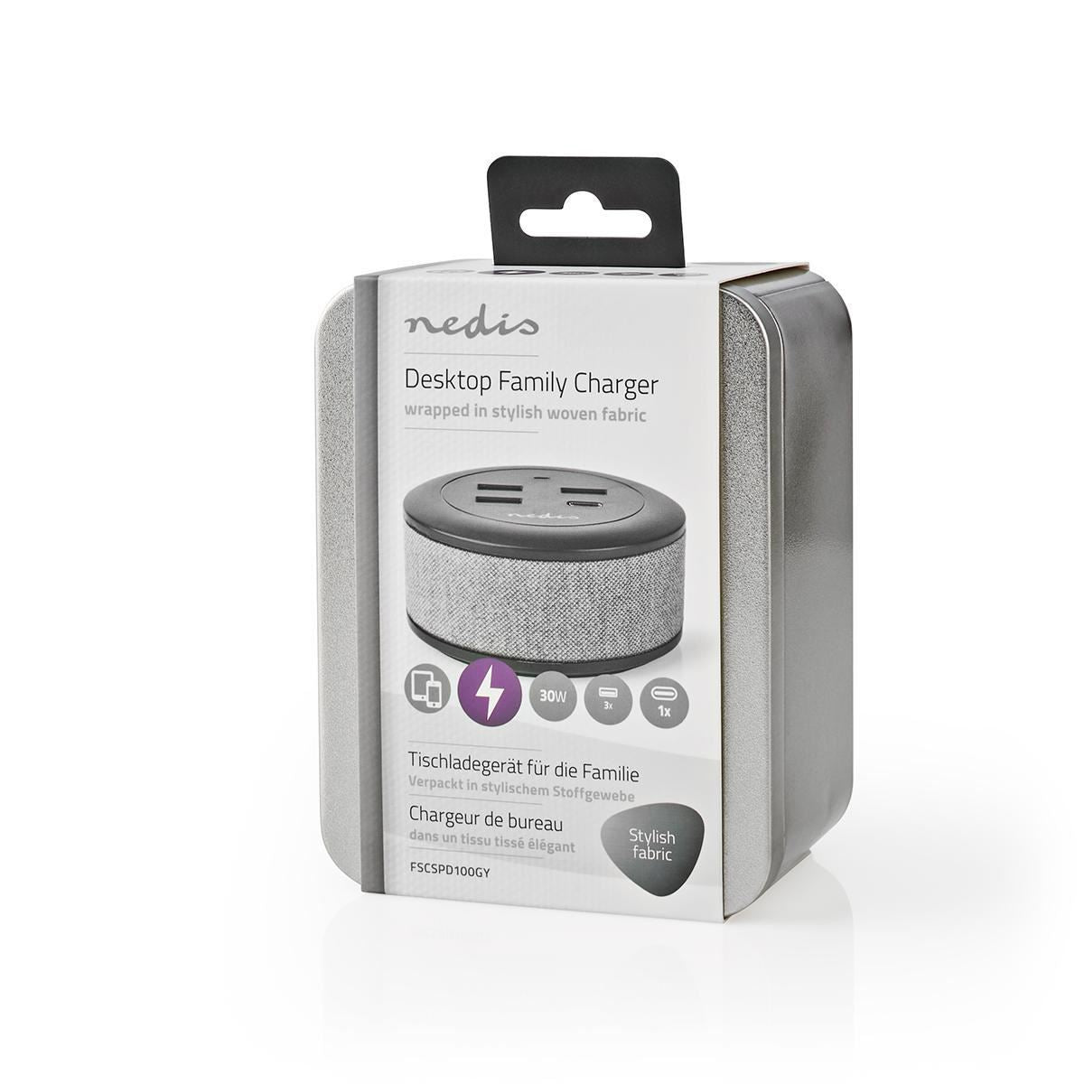 Nedis Fabric Desktop Family Charger 3x USB 2.1 A (Max.) 1x USB-C 30W PD Grey