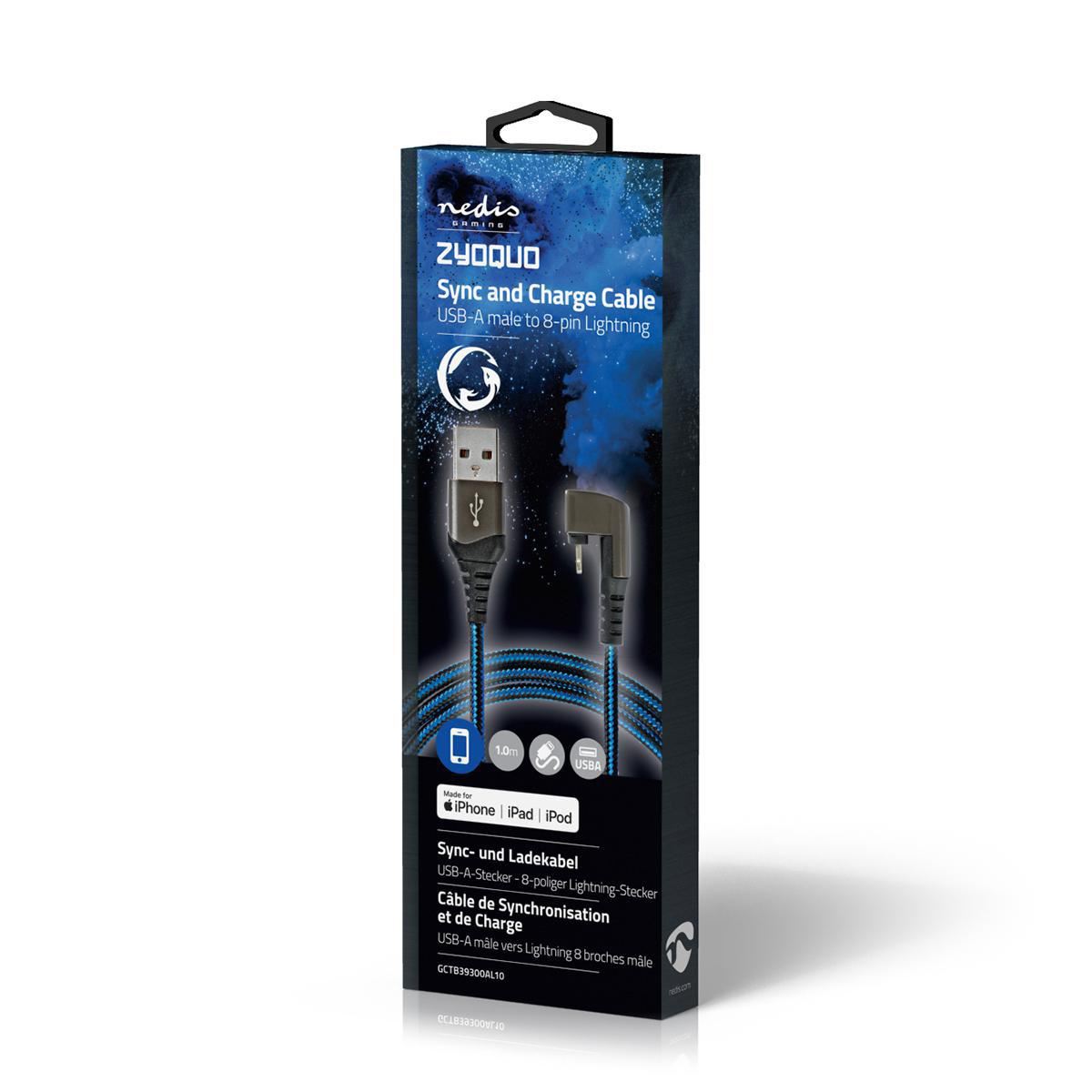Nedis Gaming USB-A 2.0 to Apple Lightning 8-Pin 480Mbps 12W Blue & Black 1m - GCTB39300AL10