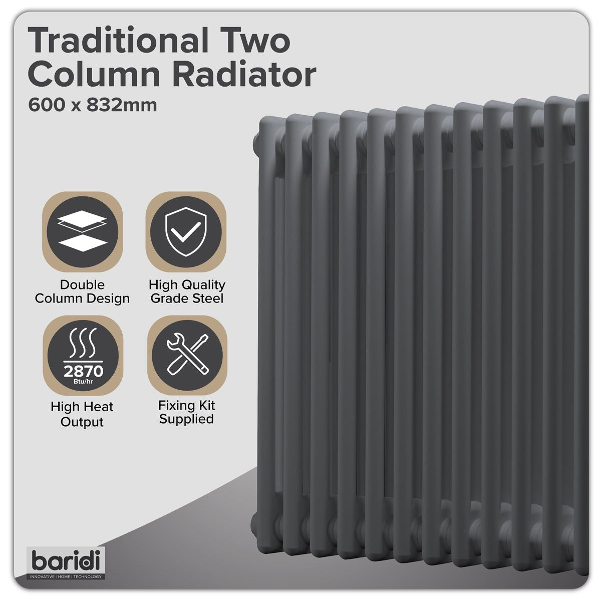 Baridi Horizontal Traditional 2 Column Radiator 600 x 832mm � Anthracite DH358
