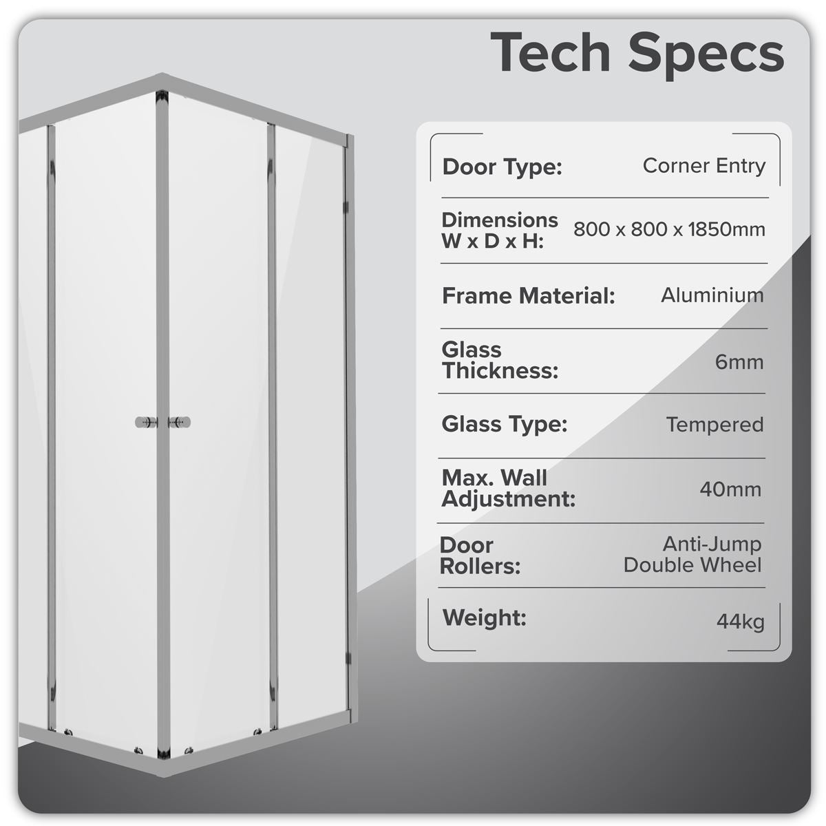 Baridi Corner Shower Entry Enclosure 800 x 800 x 1850mm with 6mm Tempered Glass - Chrome DH298