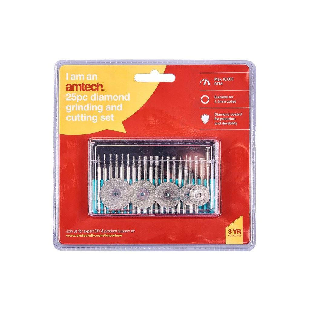 Amtech 25 Piece Micro Diamond Burr Cutting Etching Polishing Set 1/8" Shank Fit - E1855