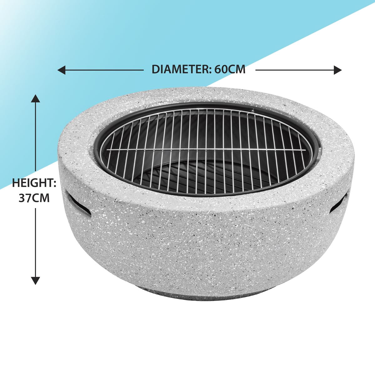 Dellonda Round MgO Fire Pit with BBQ Grill, 60cm, Safety Mesh Screen Light Grey