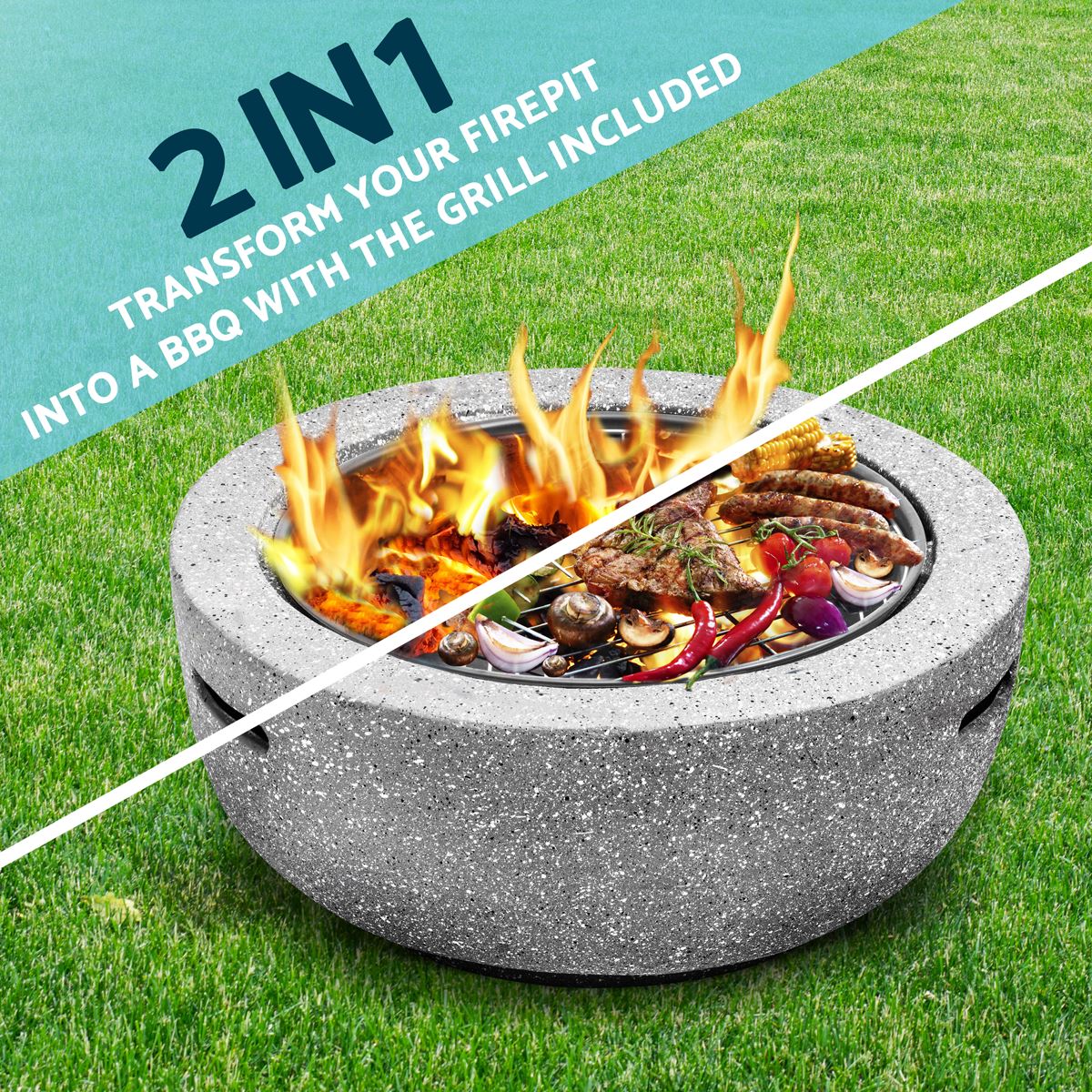 Dellonda Round MgO Fire Pit with BBQ Grill, 60cm, Safety Mesh Screen Light Grey