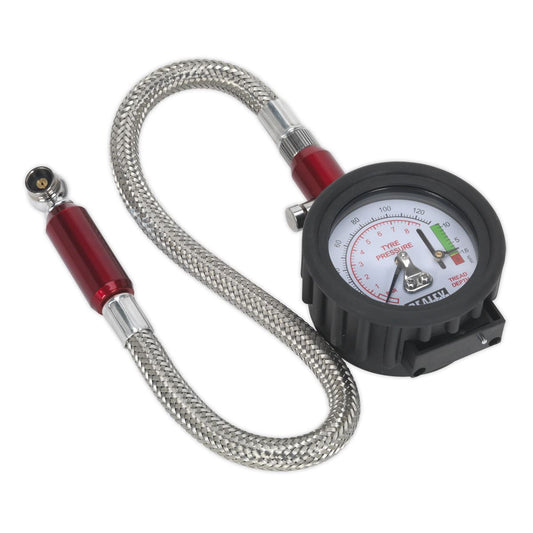 Sealey Tyre Pressure Gauge with Tyre Tread Depth Gauge - Flexi Hose TSTPDG02