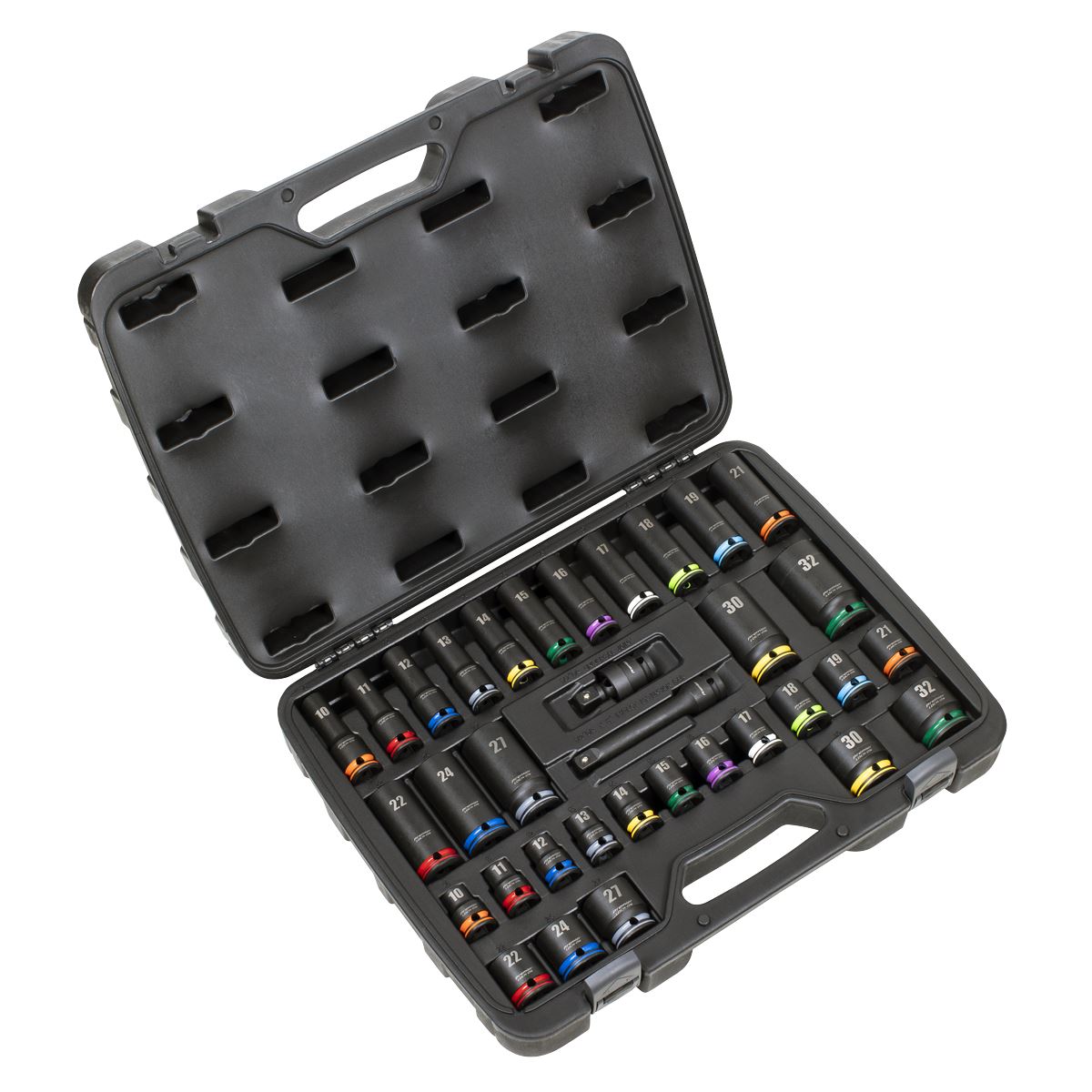 Sealey Metric Lock-On Standard & Deep Impact Socket Set 34pc 1/2"Sq Drive 6pt