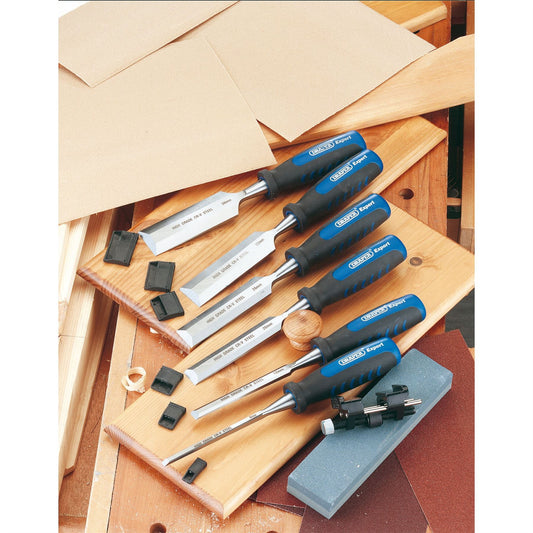 Draper Expert 8 Piece Wood Chisel Set & Sharpening Stone + Honing Guide, 88605
